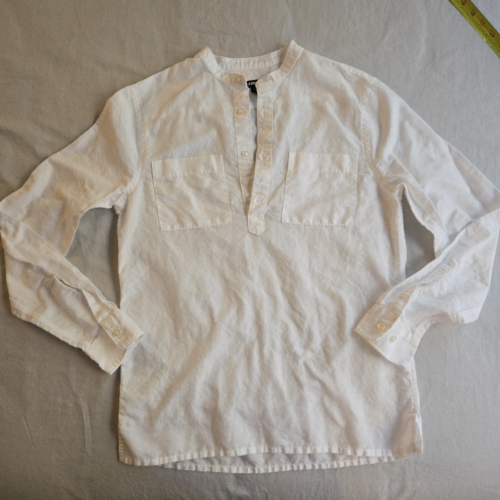 Express White Linen Blend Collarless Shirt